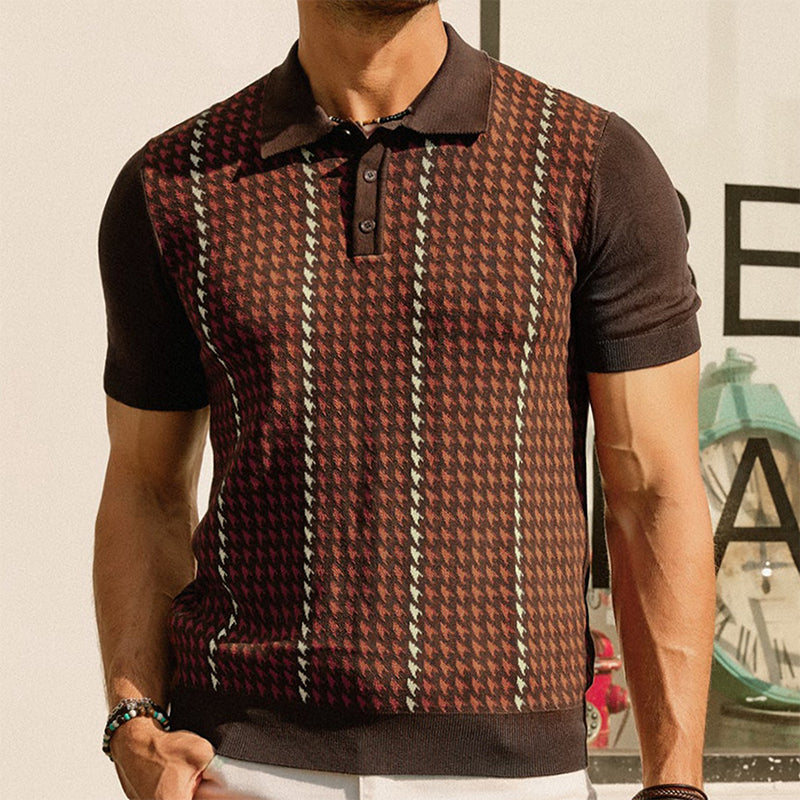 Men's Short-Sleeve Fine Knit Polo Tee - Point Collar Two-Button Placket Houndstooth Jacquard Panel Casual Style