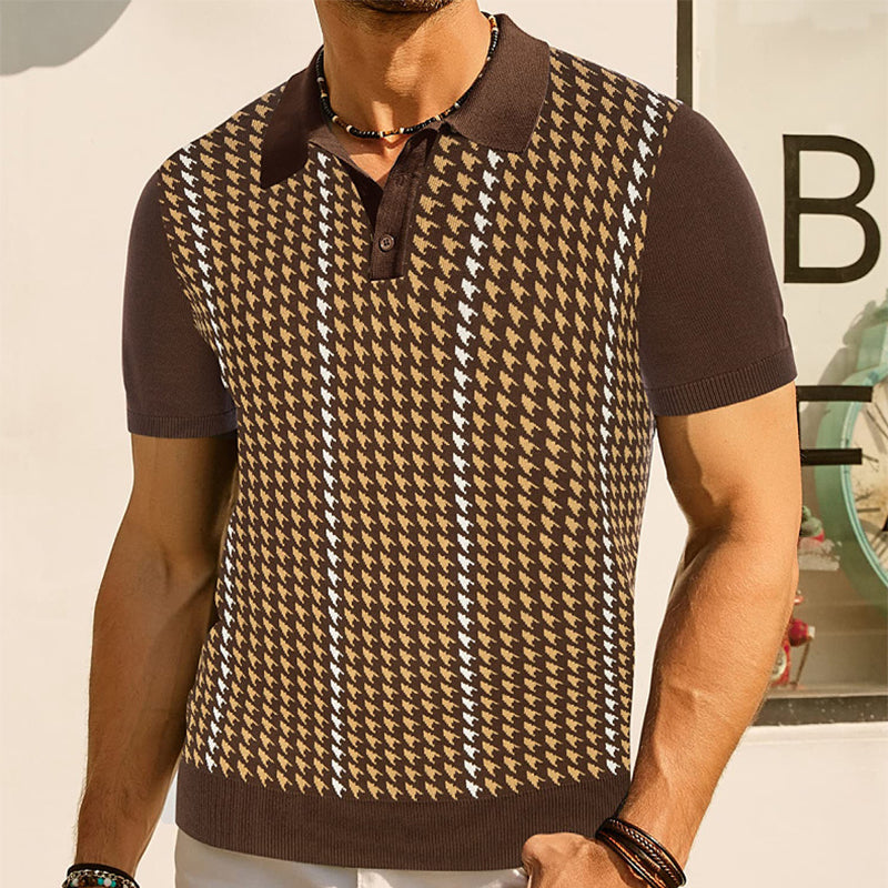 Men's Short-Sleeve Fine Knit Polo Tee - Point Collar Two-Button Placket Houndstooth Jacquard Panel Casual Style