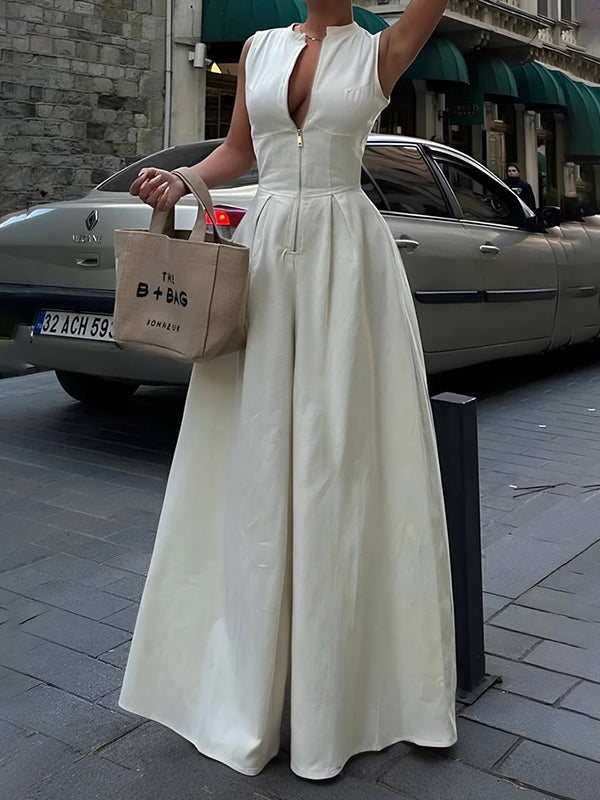Women's Wide-Leg Jumpsuit - V-Neck Zip - Dressy Style