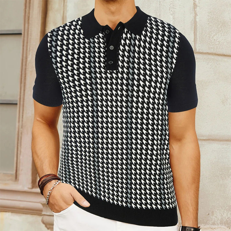 Men's Short-Sleeve Fine Knit Polo Tee - Point Collar Two-Button Placket Houndstooth Jacquard Panel Casual Style
