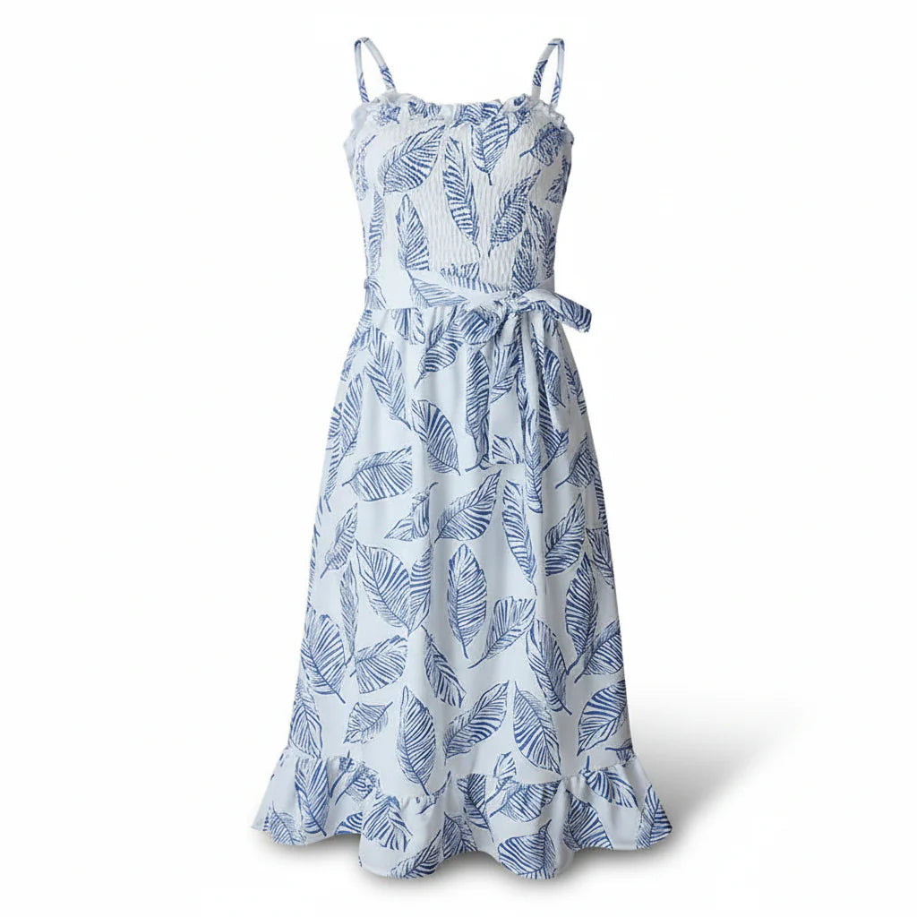 Women’s Sleeveless Midi Dress with Ruffle Neckline, Tie Waist and Leaf Print