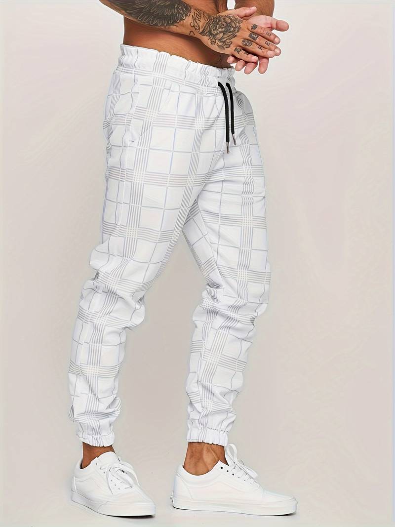 Men's Plaid Tapered Leg Jogger Trousers - Elasticated Drawstring Waist with Cuffs and Side Pockets