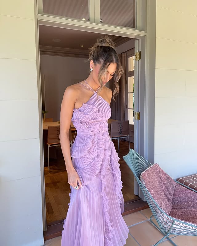 Women’s Halter Neck Ruffle Maxi Dress with Pleated Skirt