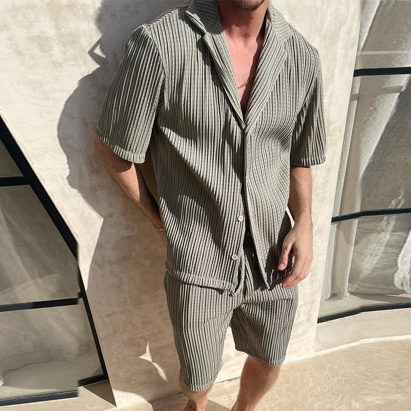 Men's Textured Short Sleeve Shirt and Drawstring Shorts Set