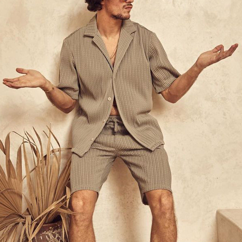Men's Textured Short Sleeve Shirt and Drawstring Shorts Set