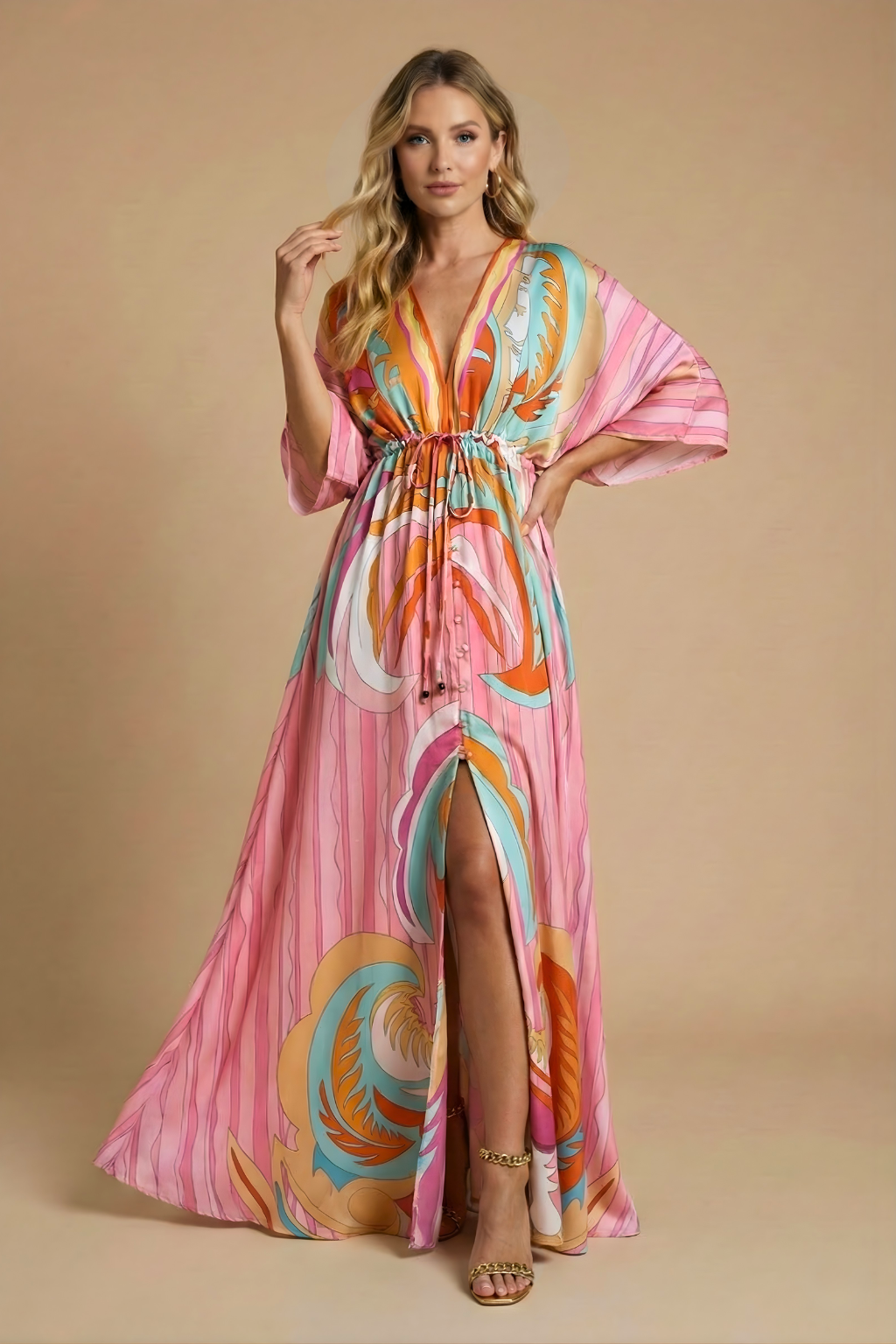 Women's Boho Abstract Print Maxi Dress - Deep V-Neck Batwing Sleeve Dress with Drawstring Waist and Front Split