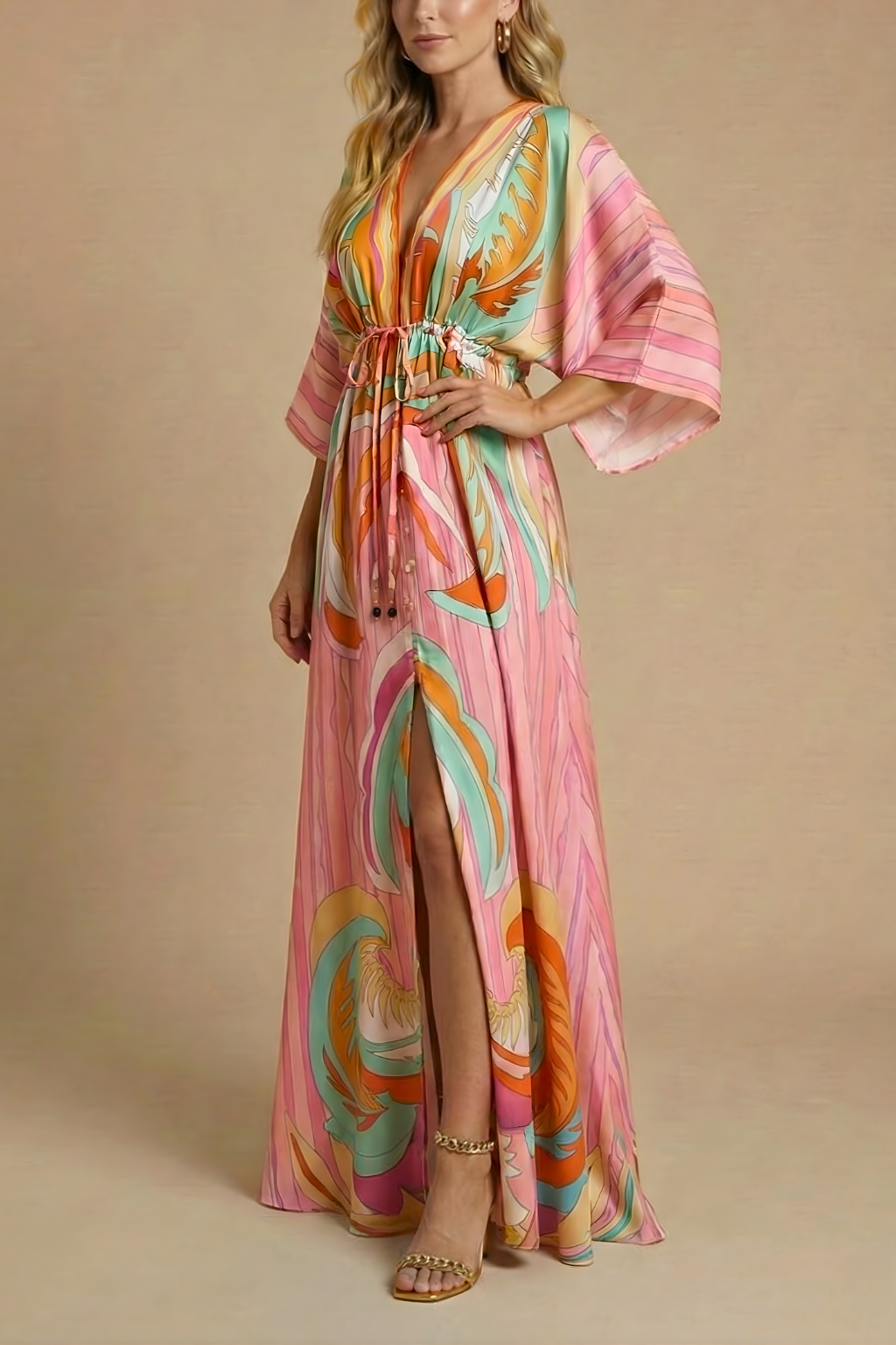 Women's Boho Abstract Print Maxi Dress - Deep V-Neck Batwing Sleeve Dress with Drawstring Waist and Front Split
