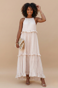 Women's Halter Neck Tiered Maxi Dress - Flowy Ruffle Hem Summer Dress with Pockets