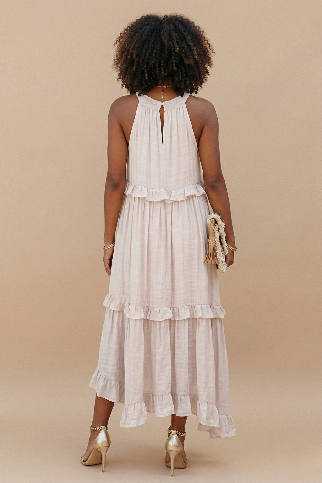 Women's Halter Neck Tiered Maxi Dress - Flowy Ruffle Hem Summer Dress with Pockets