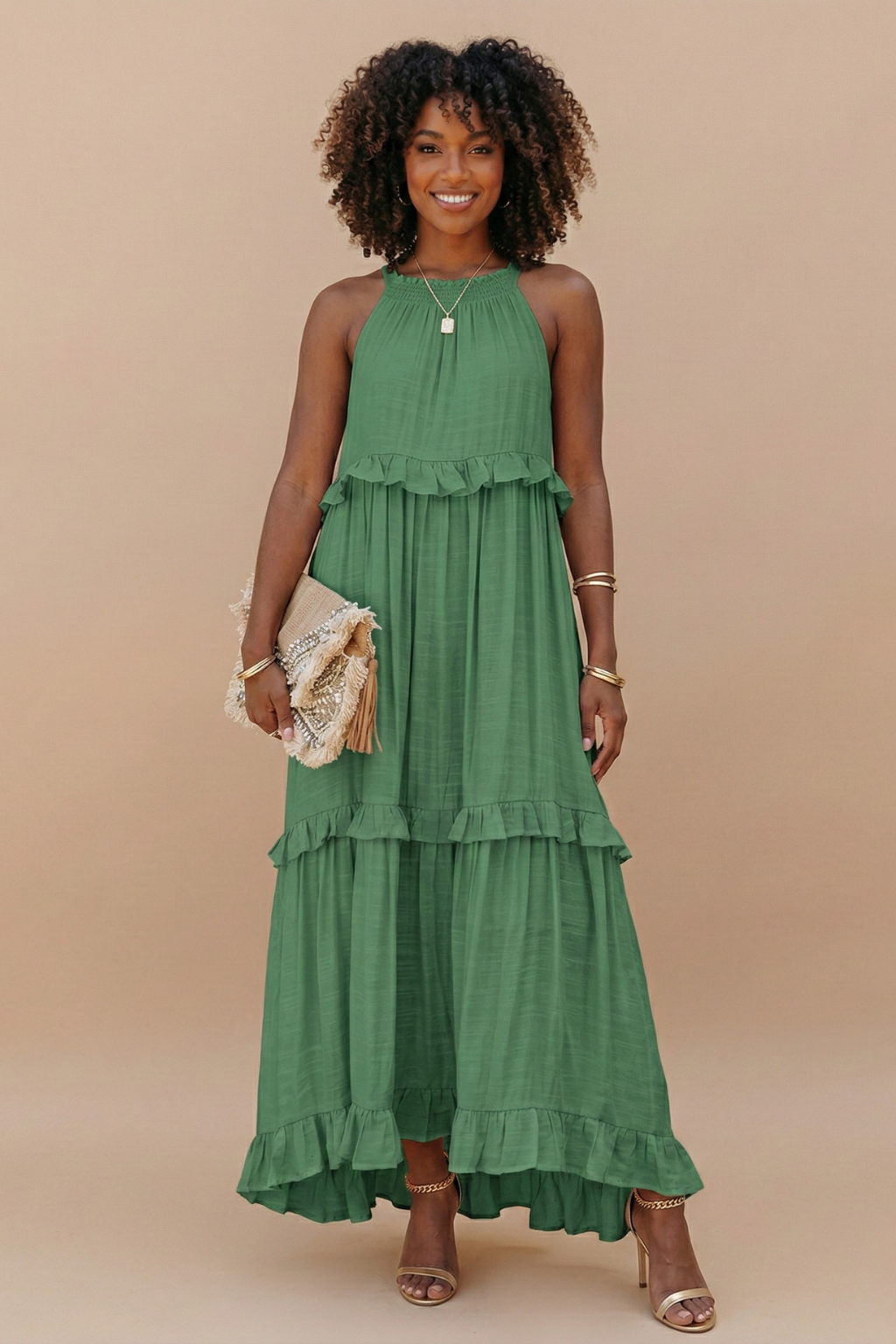 Women's Halter Neck Tiered Maxi Dress - Flowy Ruffle Hem Summer Dress with Pockets