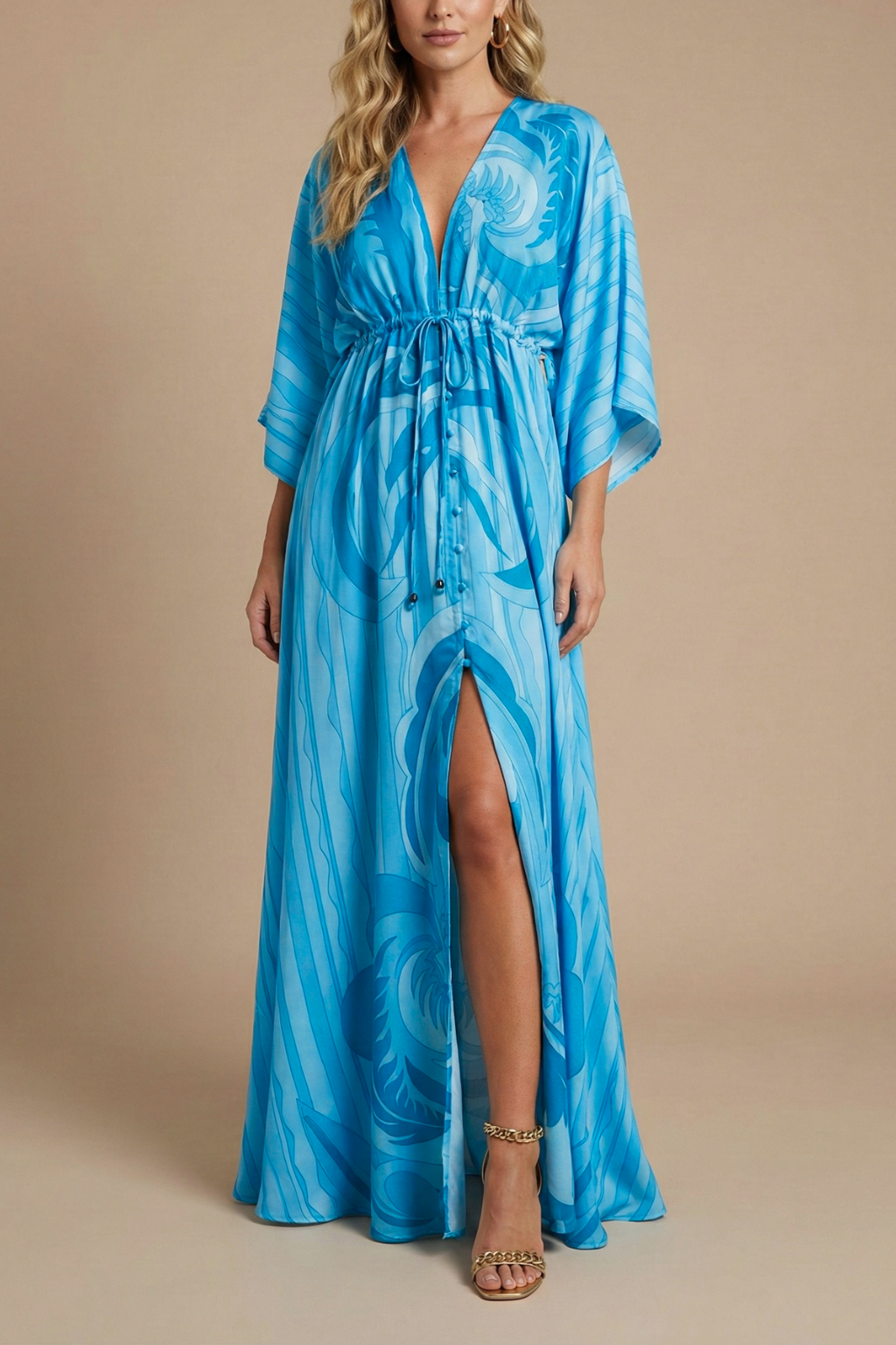 Women's Boho Abstract Print Maxi Dress - Deep V-Neck Batwing Sleeve Dress with Drawstring Waist and Front Split