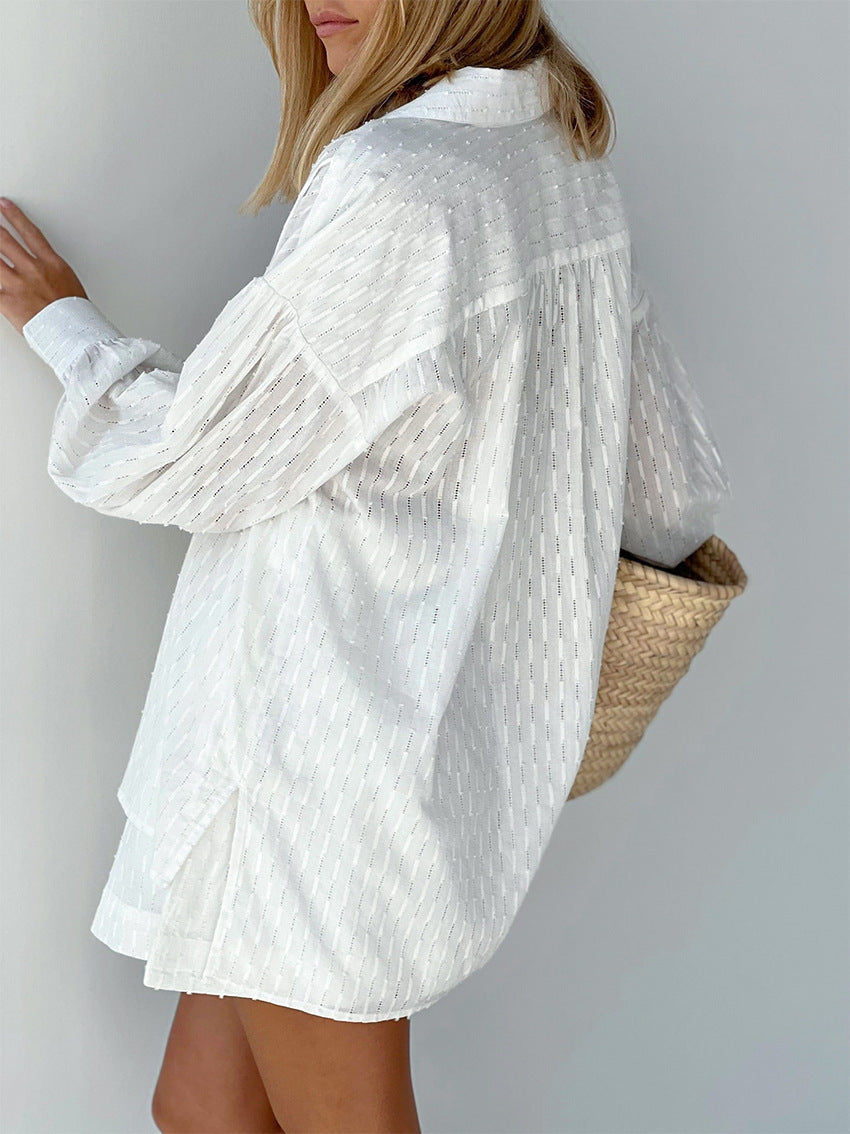Women's Summer Set - Broderie Stripe Short Set - Oversized Long-Sleeve Shirt and Matching Shorts Casual Summer Outfit