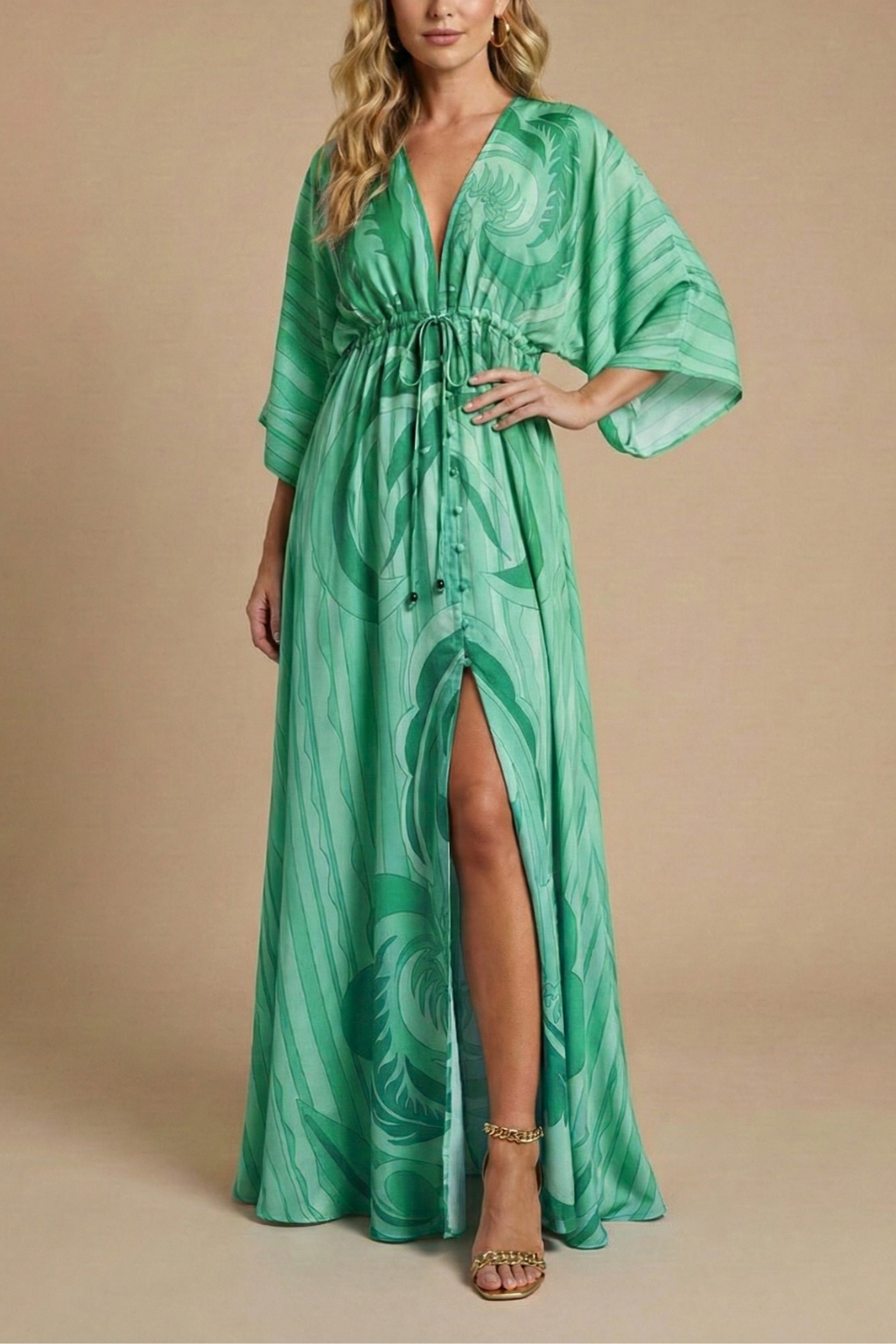 Women's Boho Abstract Print Maxi Dress - Deep V-Neck Batwing Sleeve Dress with Drawstring Waist and Front Split