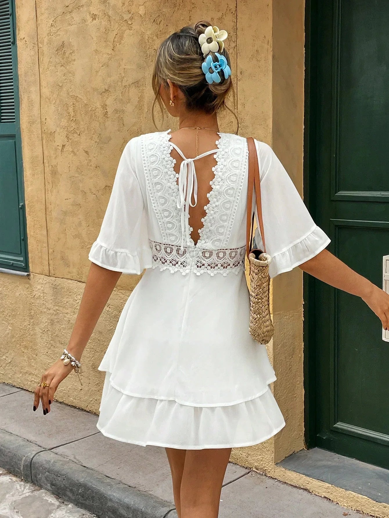 Women’s Lace Trim V-Neck Mini Dress with Ruffle Hem