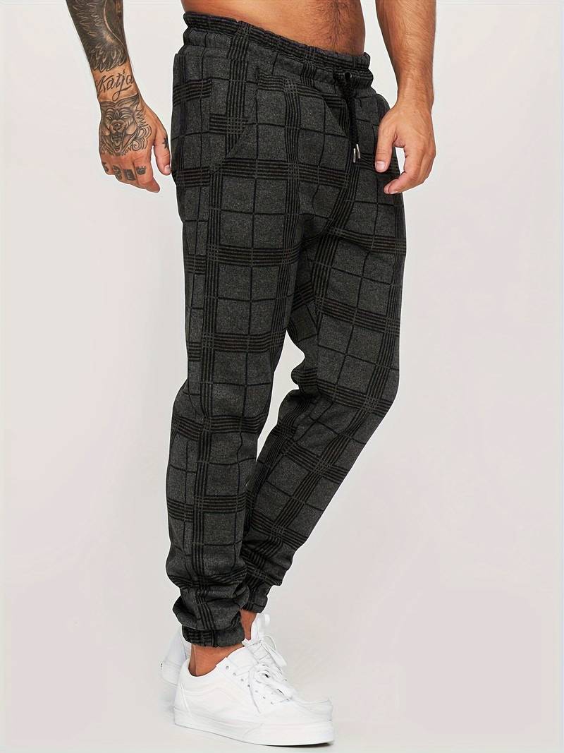 Men's Plaid Tapered Leg Jogger Trousers - Elasticated Drawstring Waist with Cuffs and Side Pockets