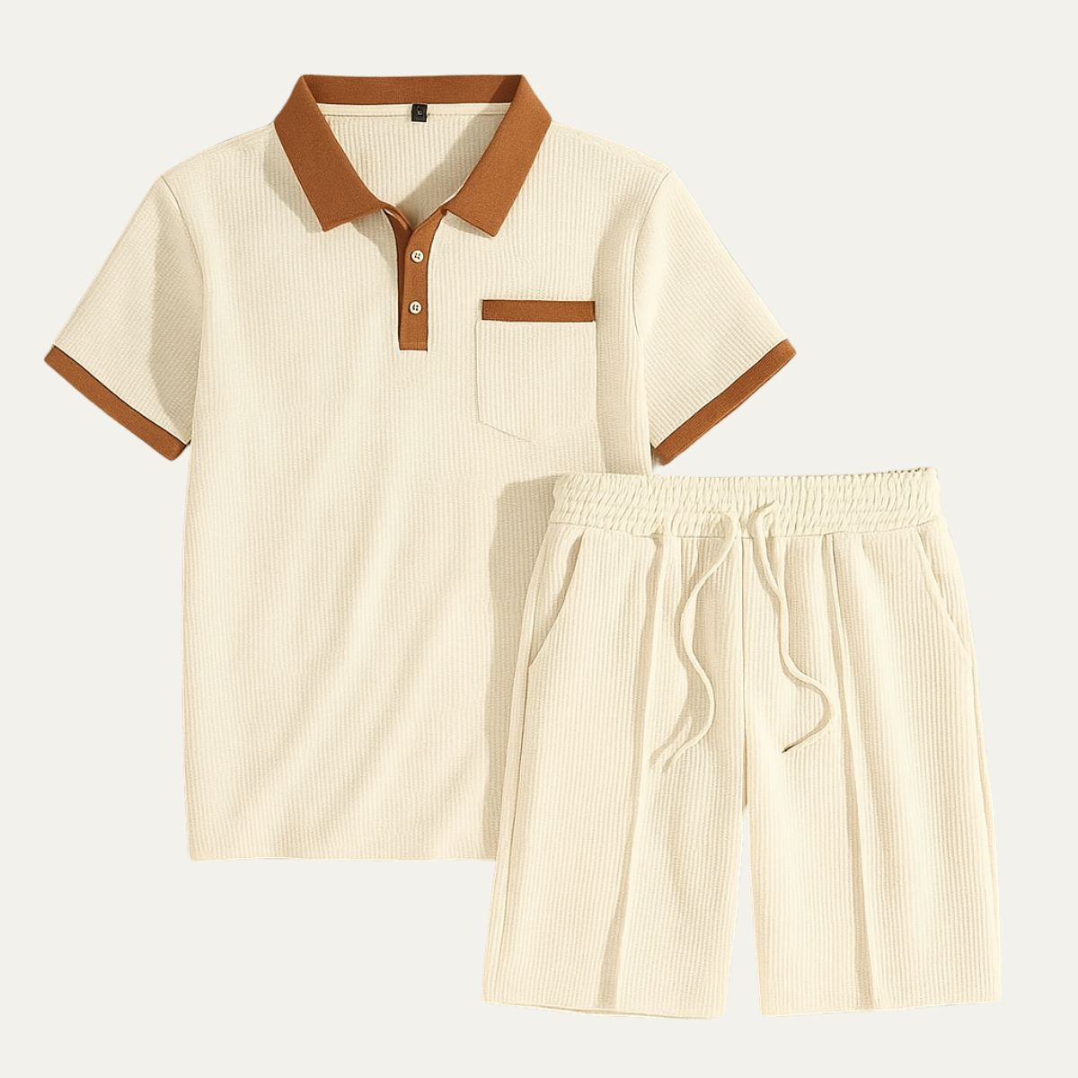 Men's Waffle Texture Short Set - Casual Summer Polo Shirt and Drawstring Shorts with Contrast Trim