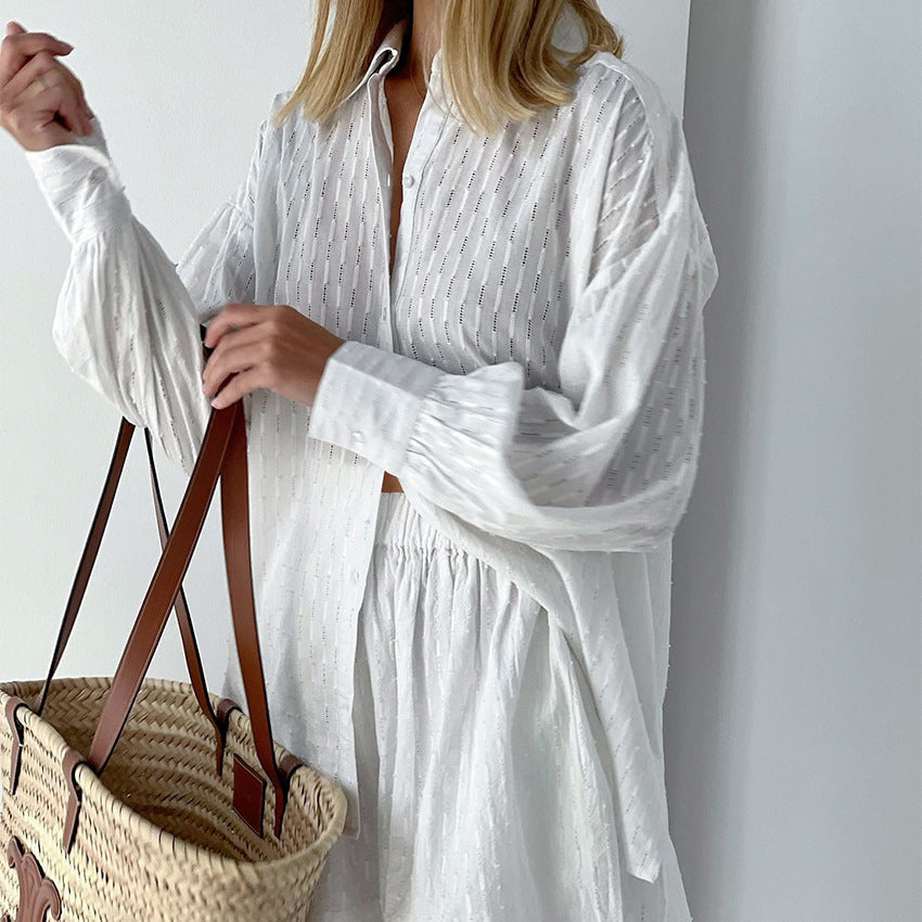 Women's Summer Set - Broderie Stripe Short Set - Oversized Long-Sleeve Shirt and Matching Shorts Casual Summer Outfit
