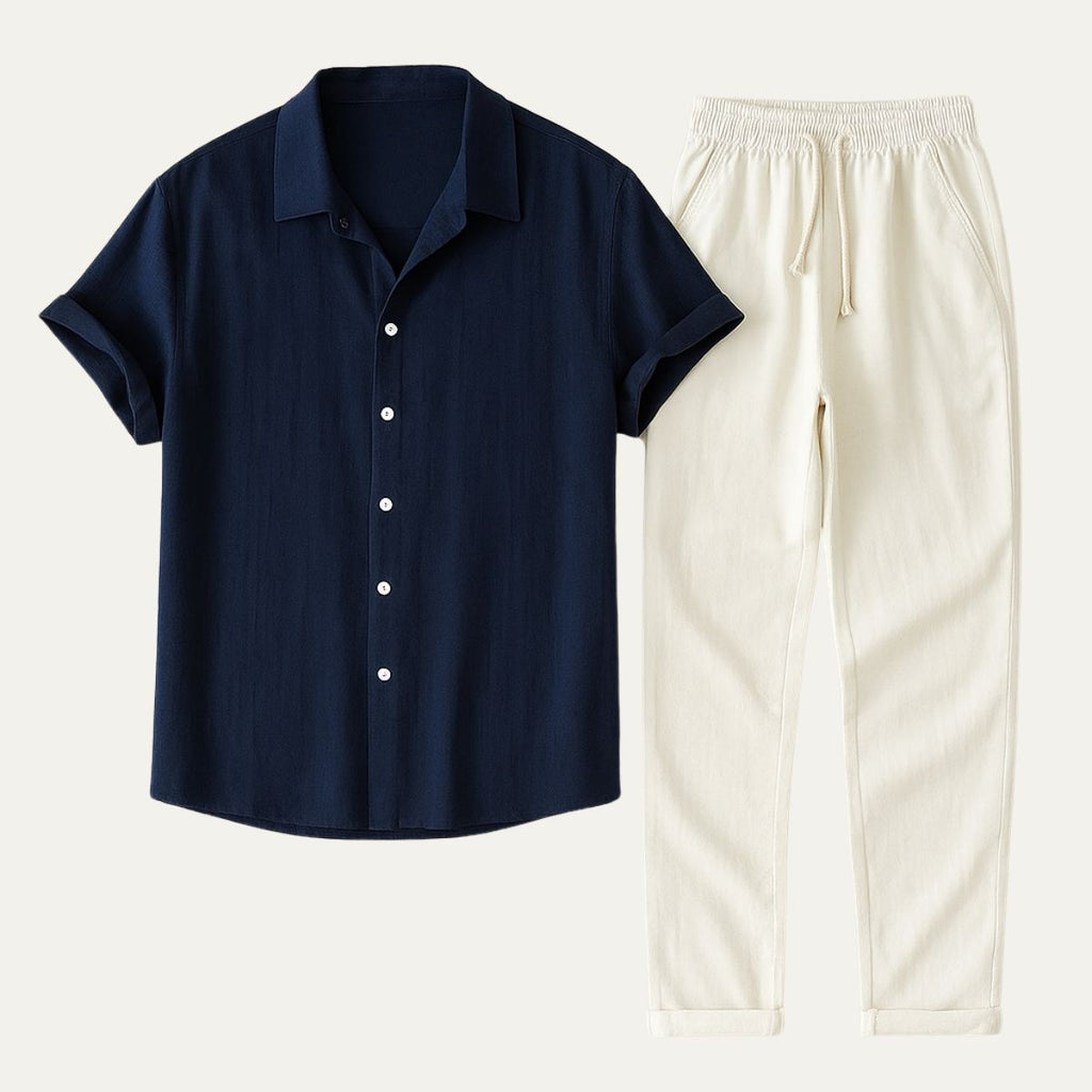 Men's Linen Blend Two-Piece Set - Casual Summer Short-Sleeve Button-Down Shirt and Drawstring Trousers