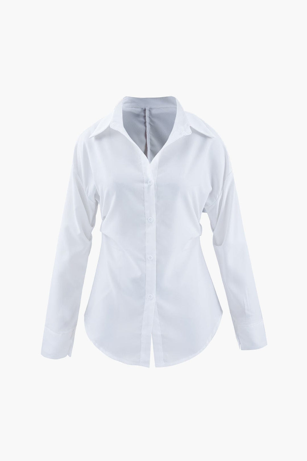 Women’s Tailored Long Sleeve Blouse with Defined Waist and Classic Collar