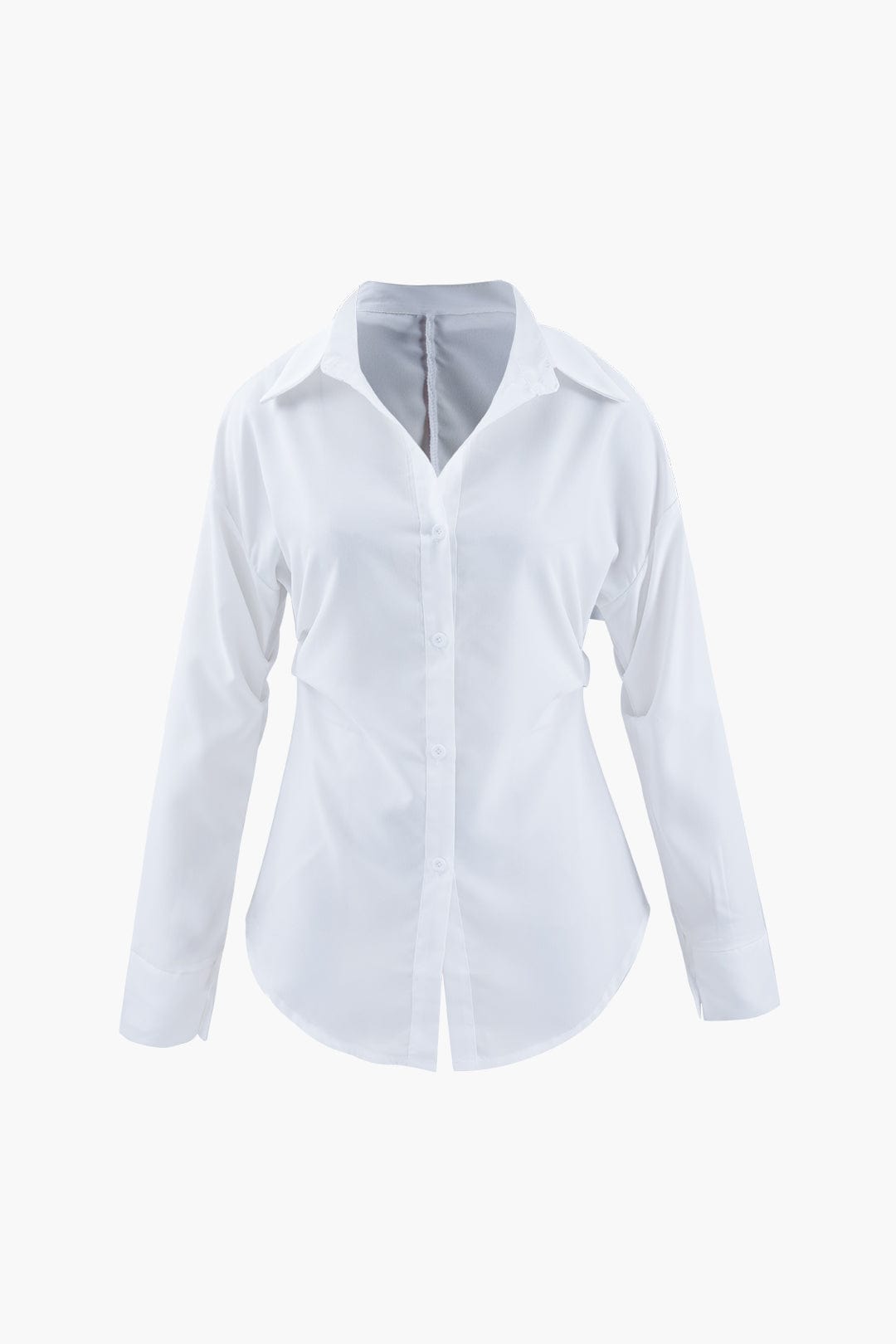 Women’s Tailored Long Sleeve Blouse with Defined Waist and Classic Collar