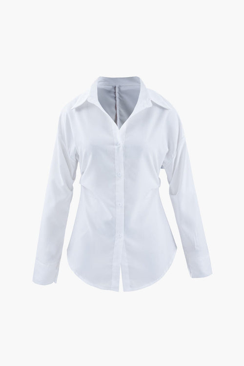 Women’s Tailored Long Sleeve Blouse with Defined Waist and Classic Collar
