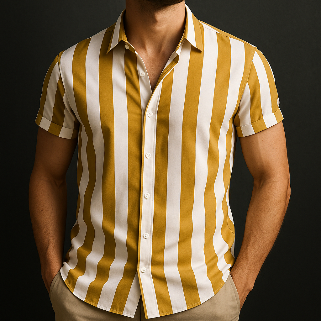 Men’s Short Sleeve Button-Up Shirt with Vertical Stripe Pattern