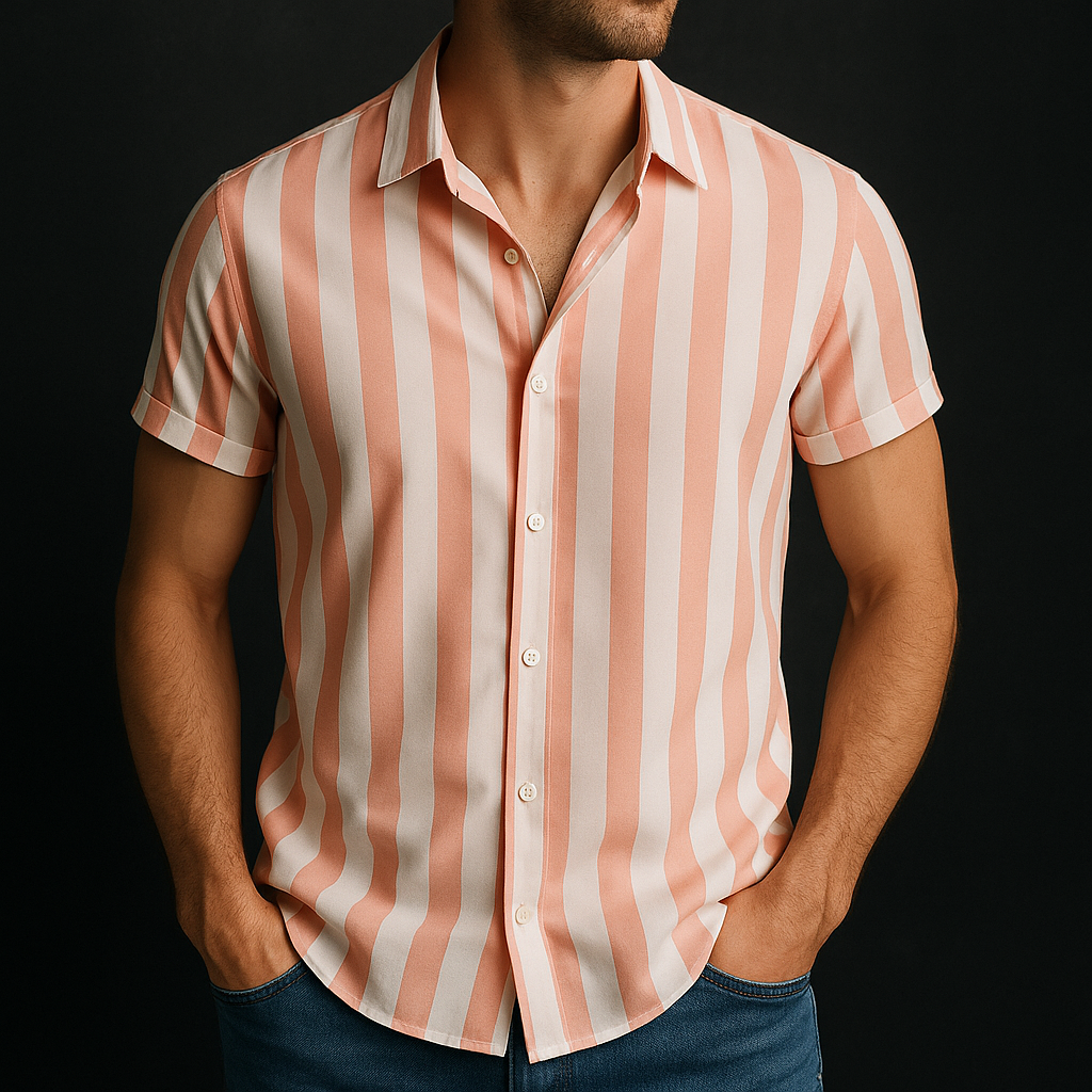 Men’s Short Sleeve Button-Up Shirt with Vertical Stripe Pattern