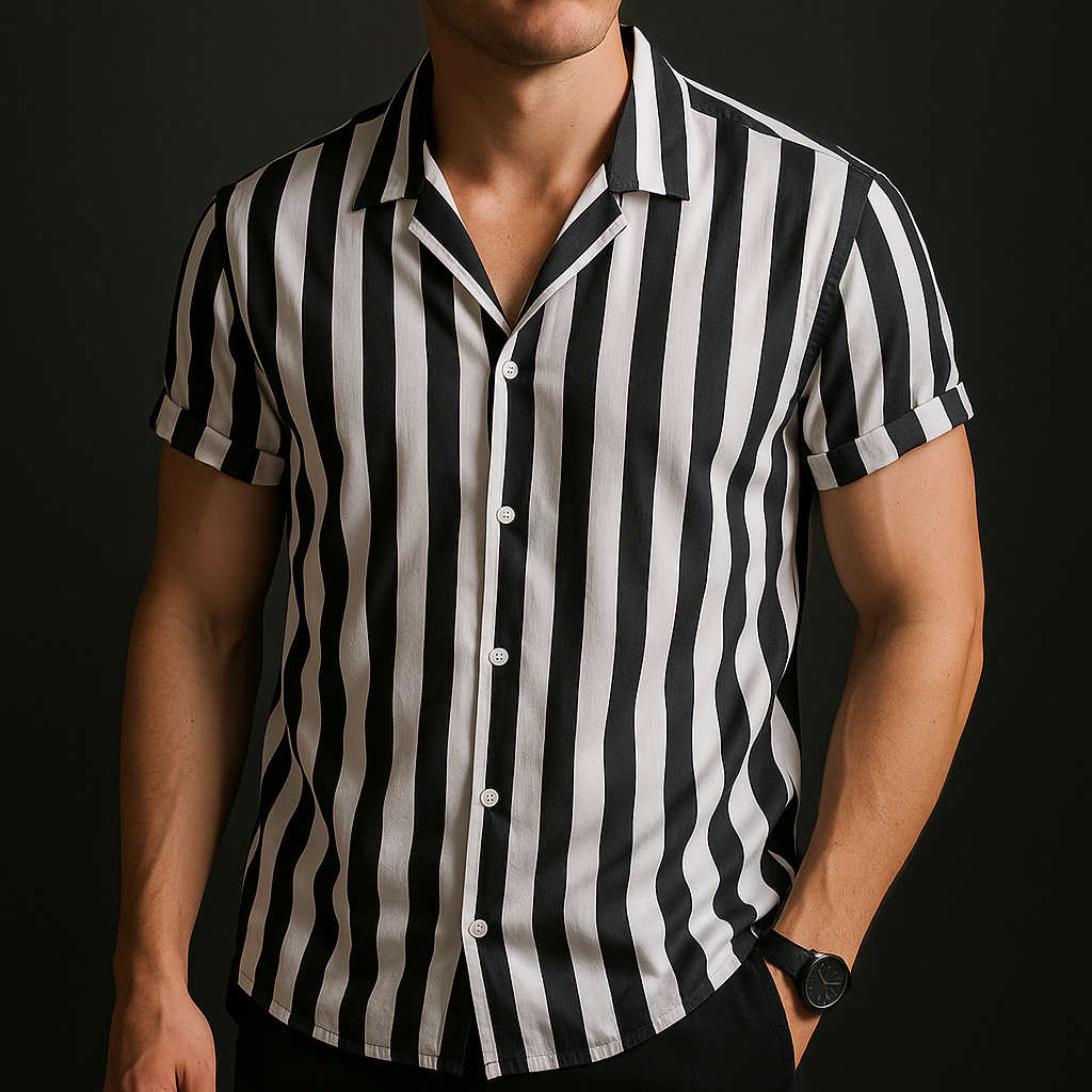 Men’s Short Sleeve Button-Up Shirt with Vertical Stripe Pattern