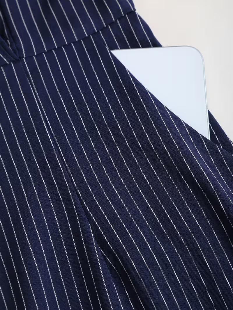 Women's Striped Midi Dress - Notched Lapel - Belted Pencil Cut