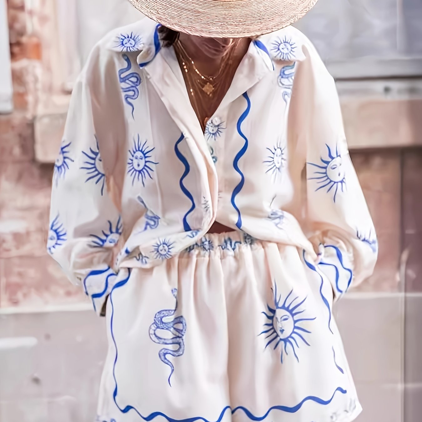 Women’s Printed Two-Piece Shirt and Shorts Set – Sun Motif Summer Co-Ord
