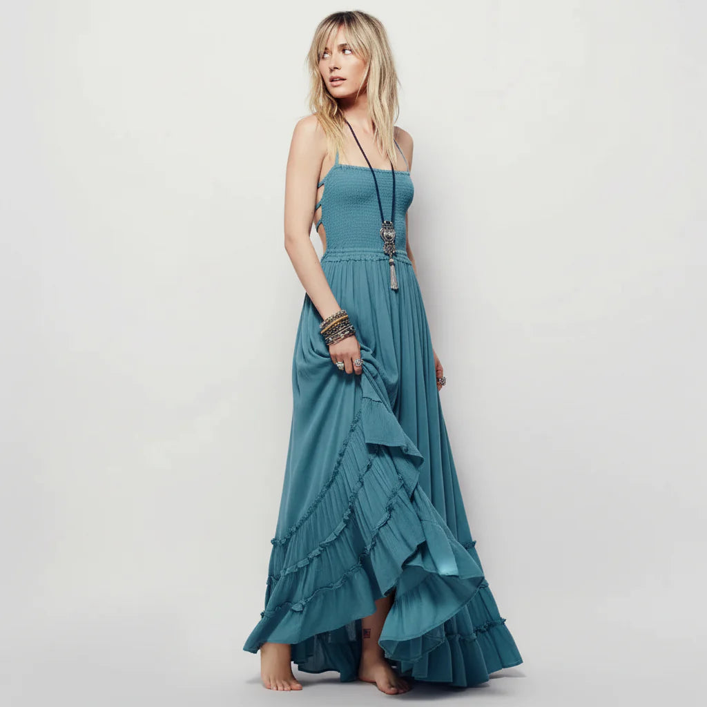 Women's Halter Neck Smocked Bodice Open Back Multi-Strap Tiered Ruffle Hem Maxi Dress