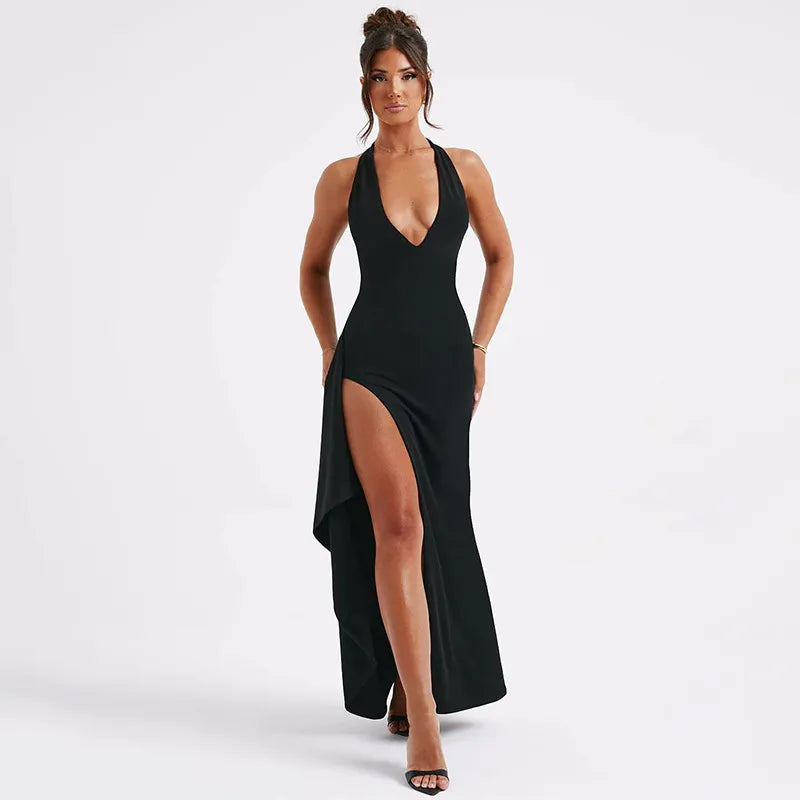 Women's Halter Neck Maxi Dress - Deep Plunge V-Neck with Open Back and High Front Split