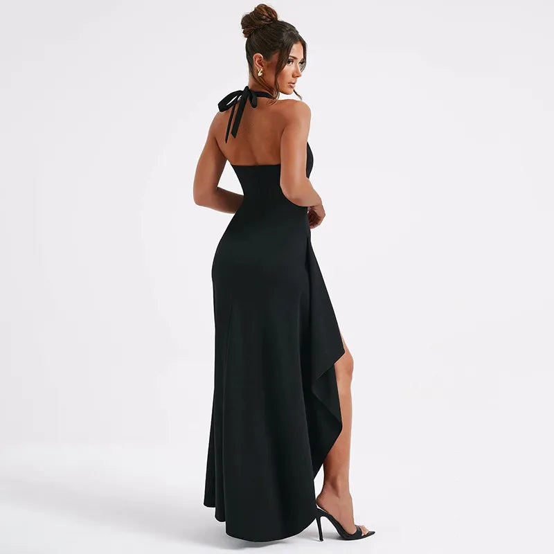 Women's Halter Neck Maxi Dress - Deep Plunge V-Neck with Open Back and High Front Split