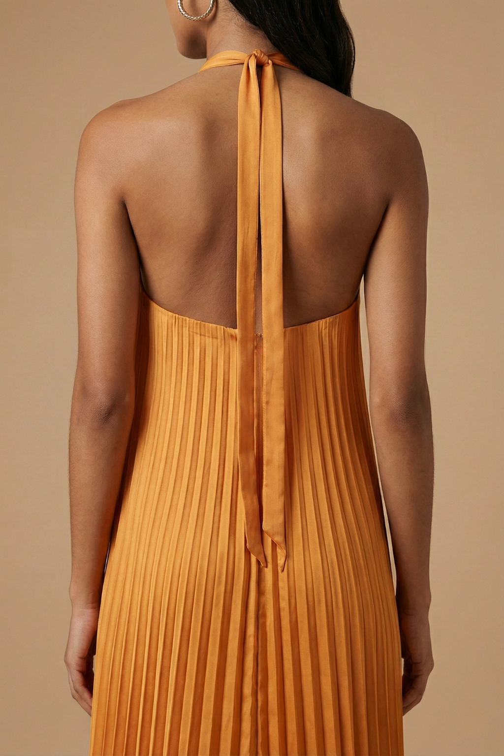 Women’s Open Back Halter Pleated Maxi Dress with Tie Closure