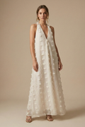Women’s Textured Halter Backless Maxi Dress with 3D Appliqué