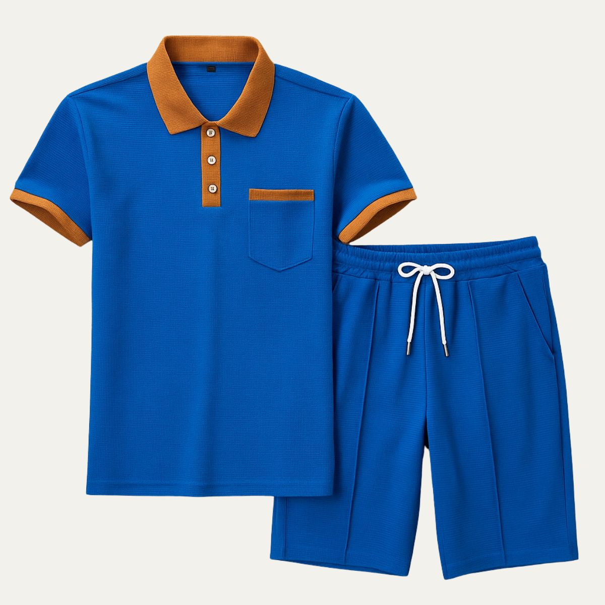 Men's Waffle Texture Short Set - Casual Summer Polo Shirt and Drawstring Shorts with Contrast Trim