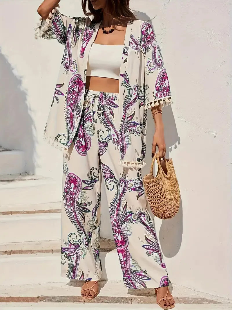 Women’s Paisley Print Three-Piece Set with Fringed Kimono and Wide Leg Trousers