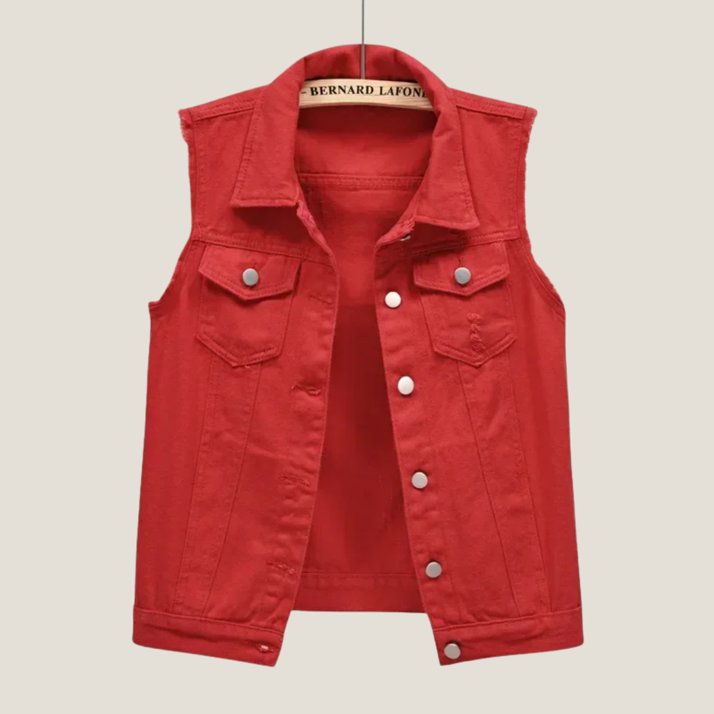 Women's Distressed Denim Waistcoat - Cropped Sleeveless Point Collar Vest with Button-Front