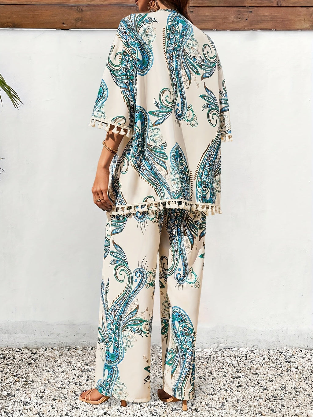 Women’s Paisley Print Three-Piece Set with Fringed Kimono and Wide Leg Trousers