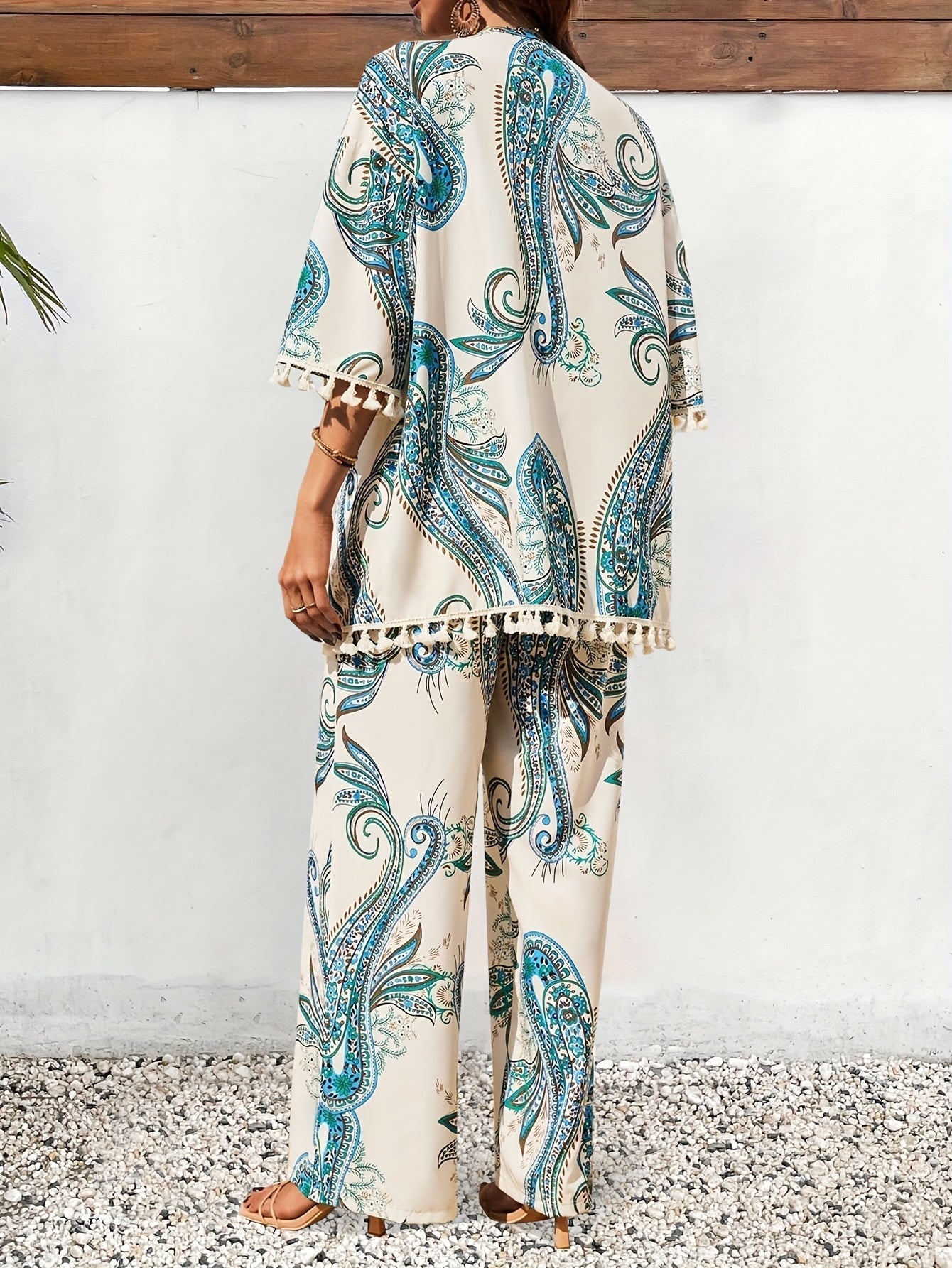 Women’s Paisley Print Three-Piece Set with Fringed Kimono and Wide Leg Trousers