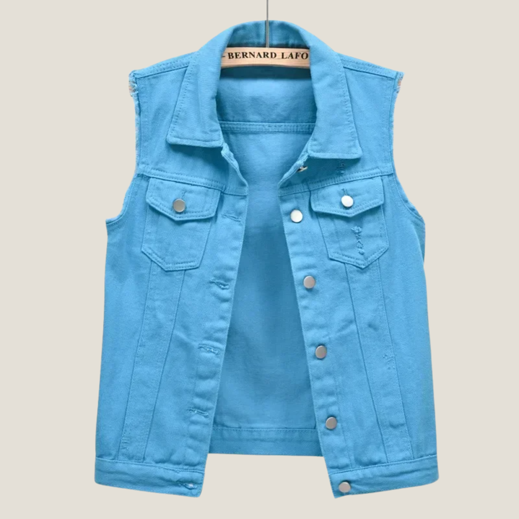Women's Distressed Denim Waistcoat - Cropped Sleeveless Point Collar Vest with Button-Front