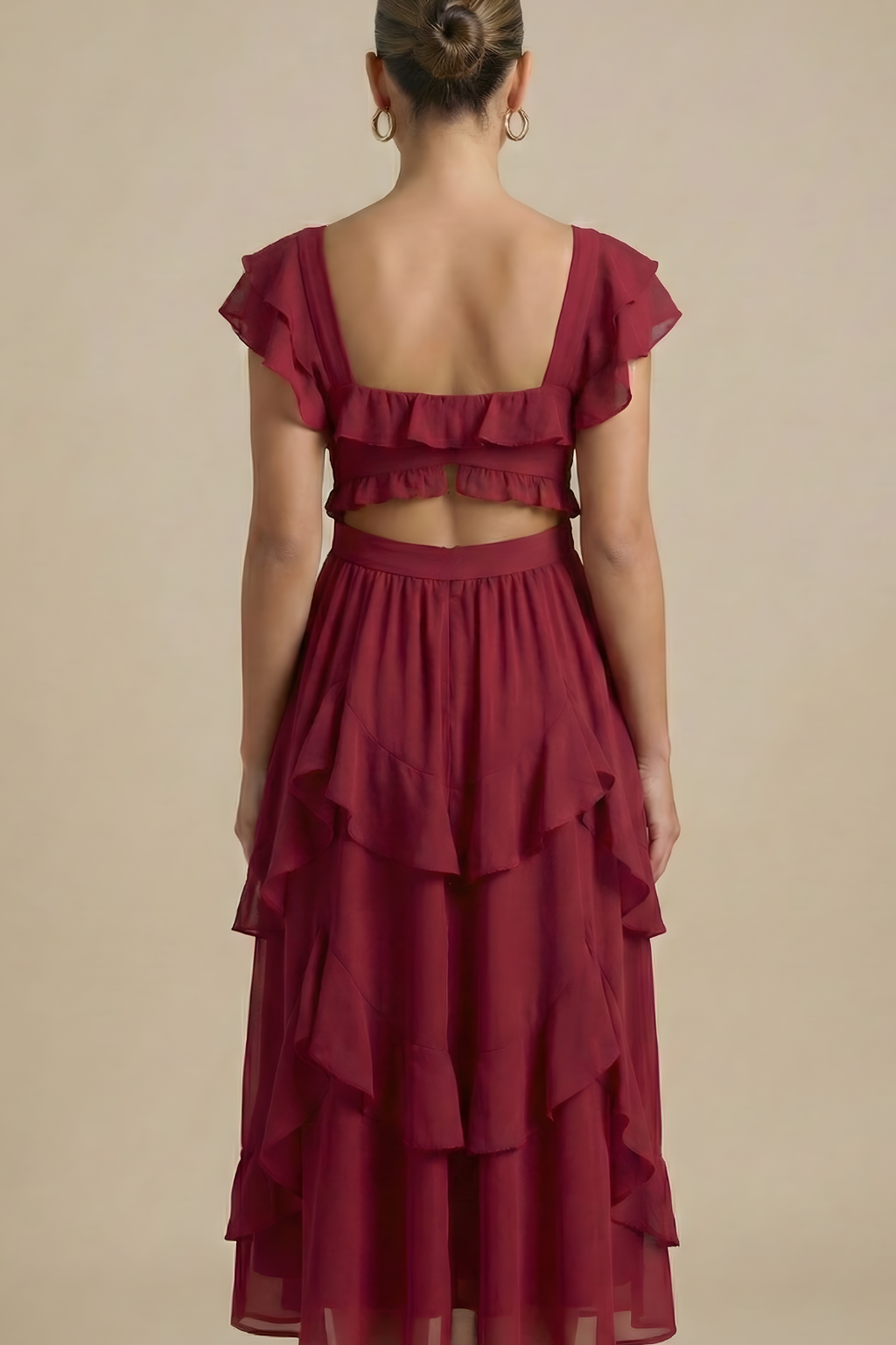 Women’s Layered Ruffle Midi Dress with Flutter Sleeves