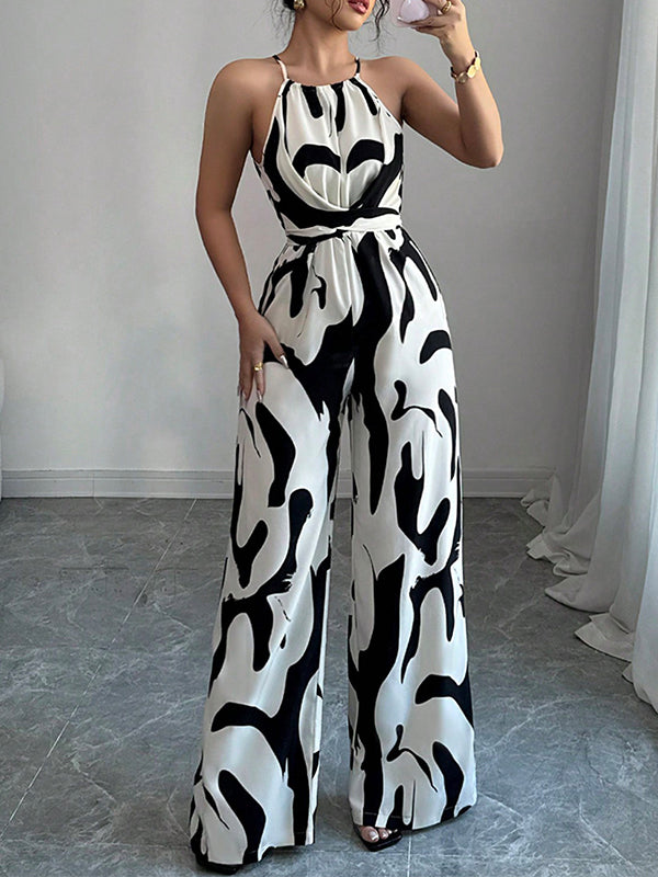 Women's Abstract Print Halter Neck Open Back Sleeveless Belted Wide-Leg Jumpsuit for Evening Wear