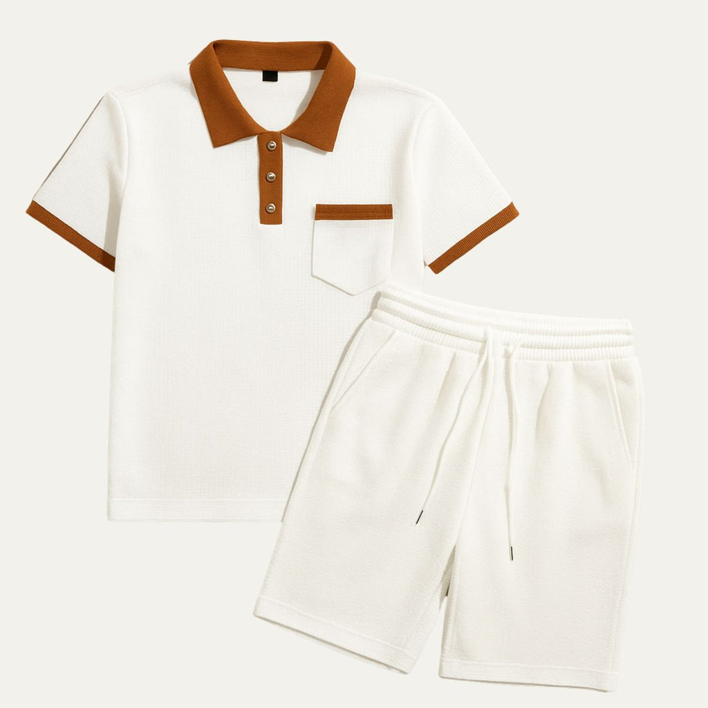 Men's Waffle Texture Short Set - Casual Summer Polo Shirt and Drawstring Shorts with Contrast Trim
