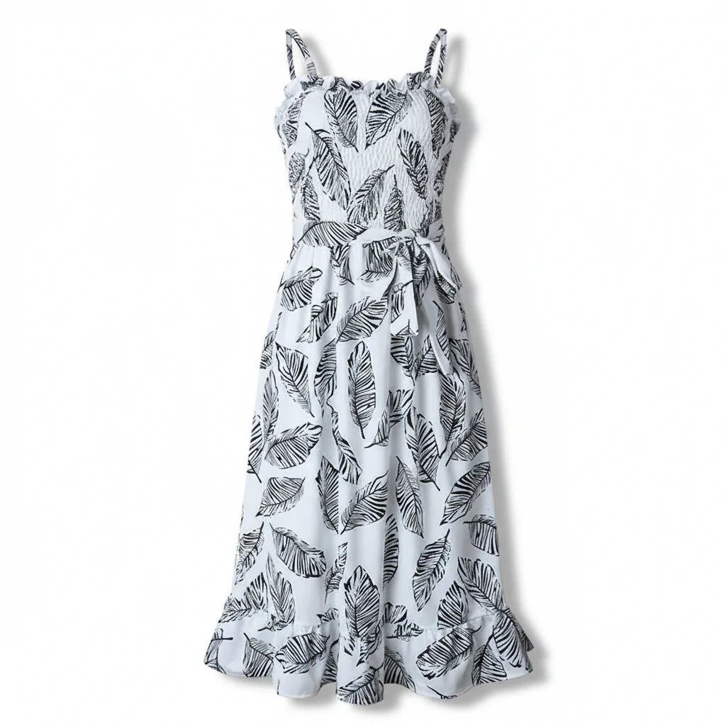 Women’s Sleeveless Midi Dress with Ruffle Neckline, Tie Waist and Leaf Print