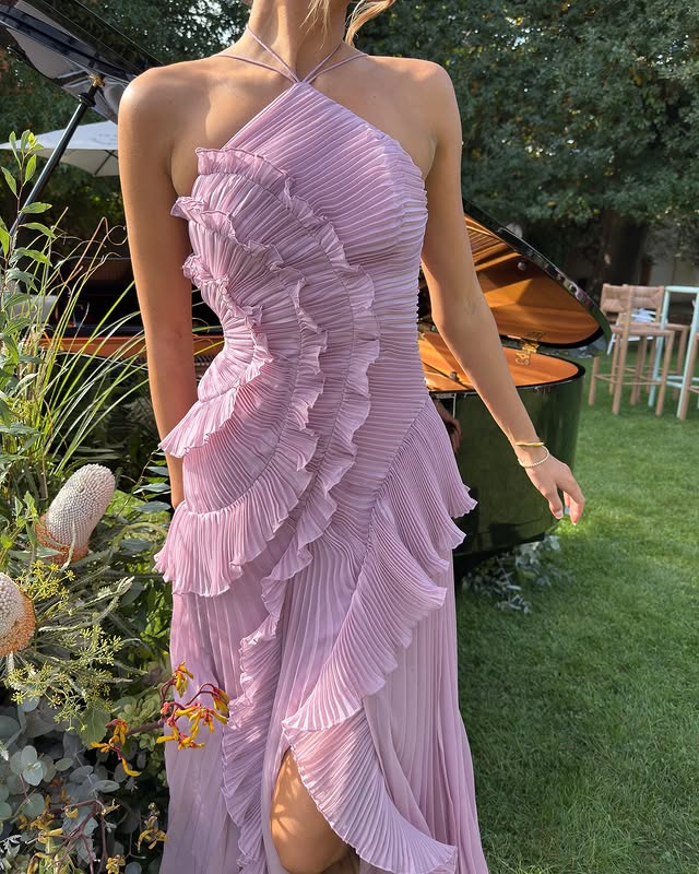 Women’s Halter Neck Ruffle Maxi Dress with Pleated Skirt