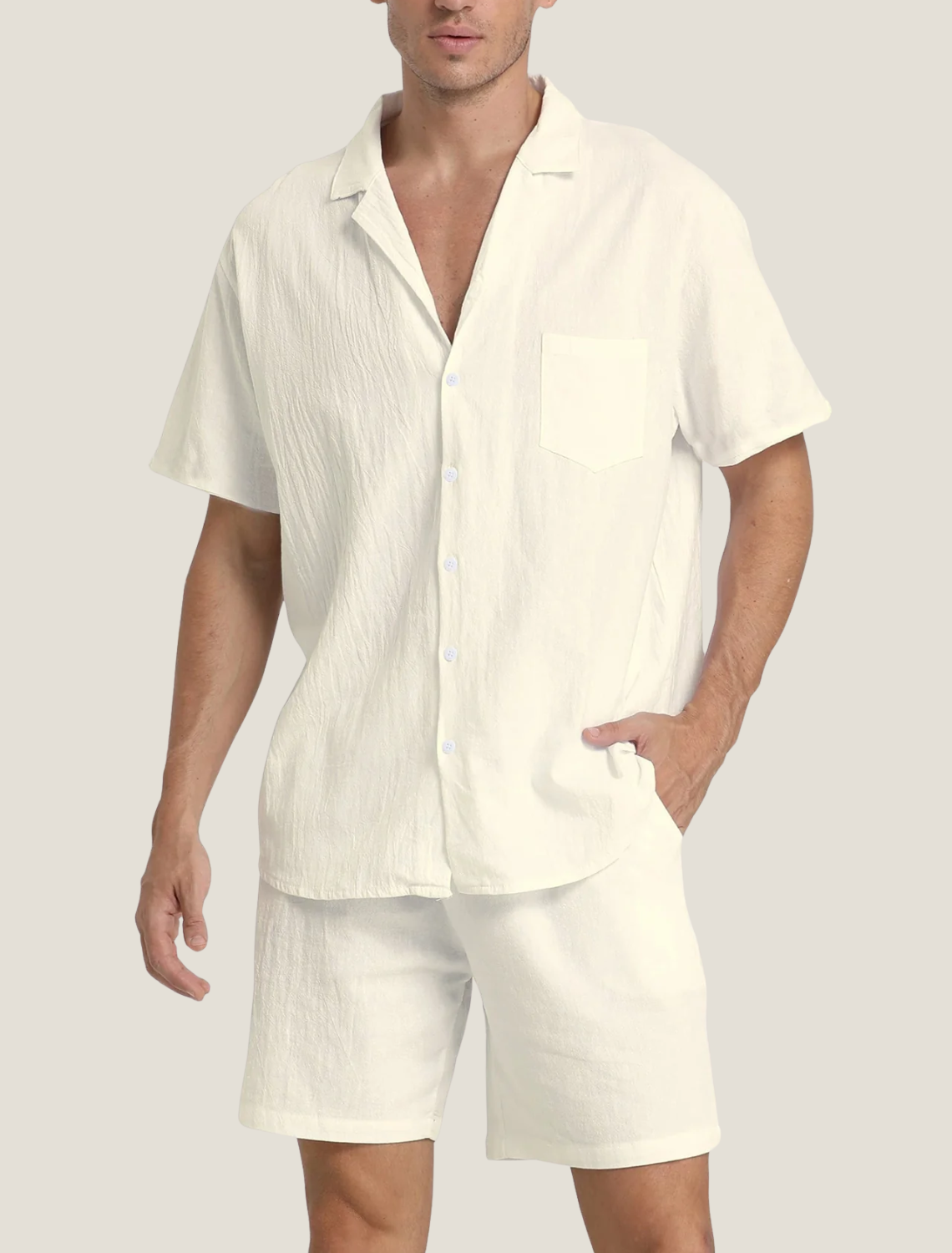 Men’s Lightweight Two Piece Summer Set with Short Sleeve Button Shirt and Drawstring Shorts