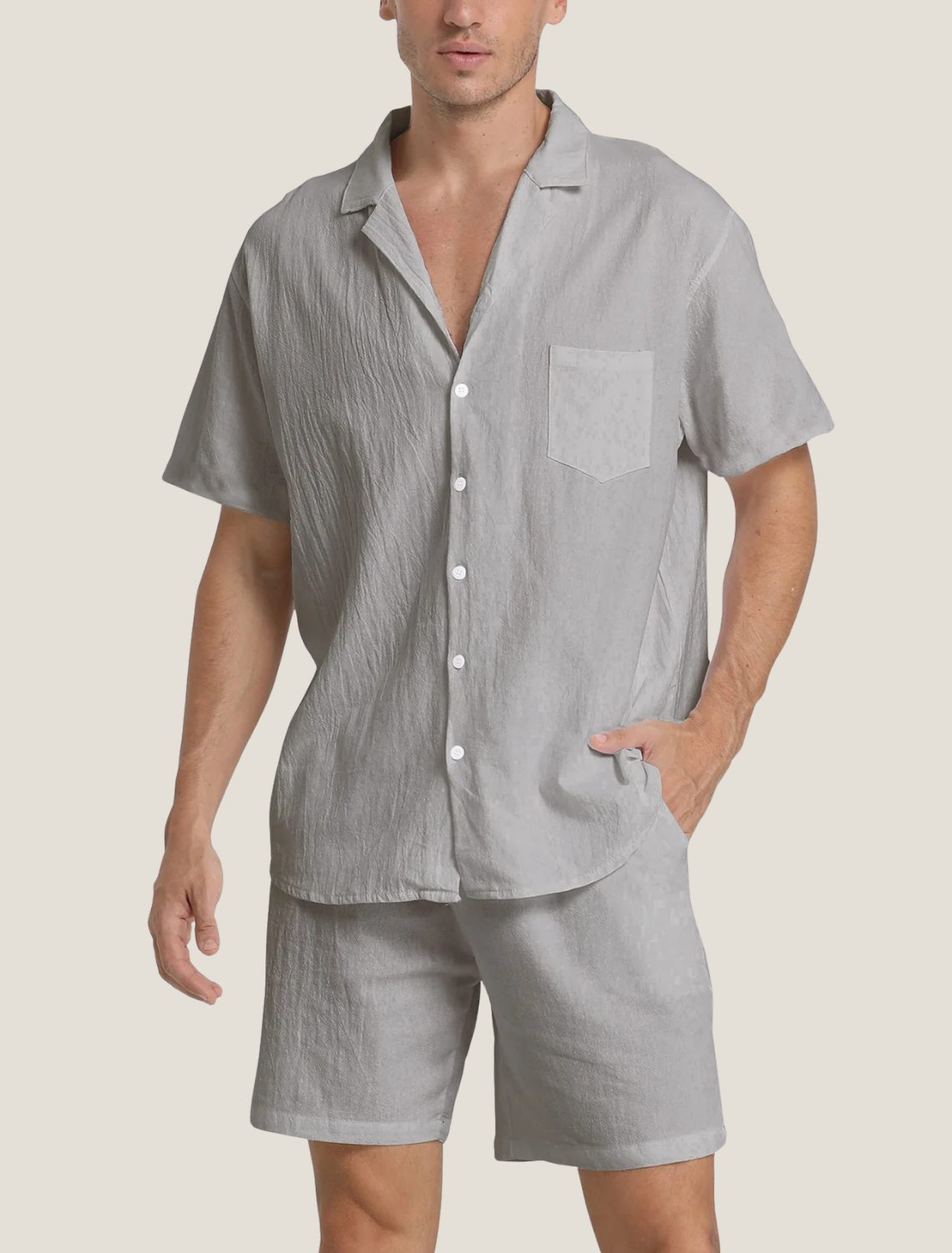 Men’s Lightweight Two Piece Summer Set with Short Sleeve Button Shirt and Drawstring Shorts
