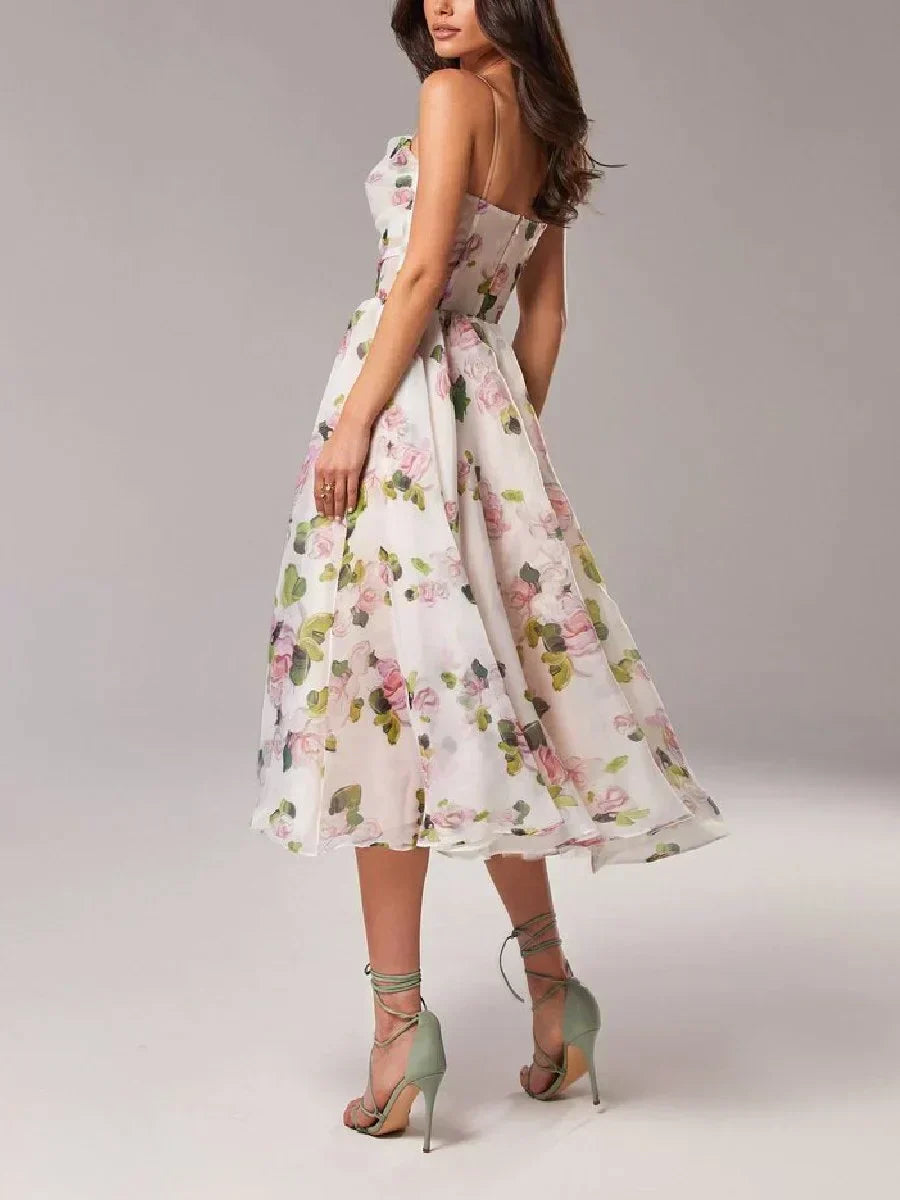 Women’s Floral Print Strapless Midi Dress with Full Skirt