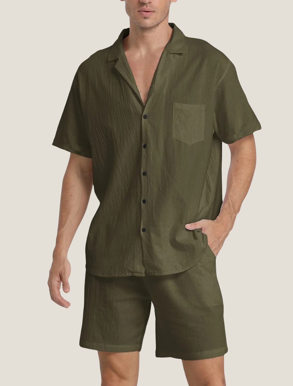Men’s Lightweight Two Piece Summer Set with Short Sleeve Button Shirt and Drawstring Shorts